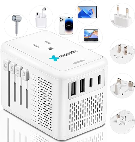 Mapambo 220V to 110V Voltage Converter US to Europe for Hair Dryer with 2 USB Port 2 USB C International European Universal Travel Adapter Worldwide Step Down Power Converter Plug Combo(White)